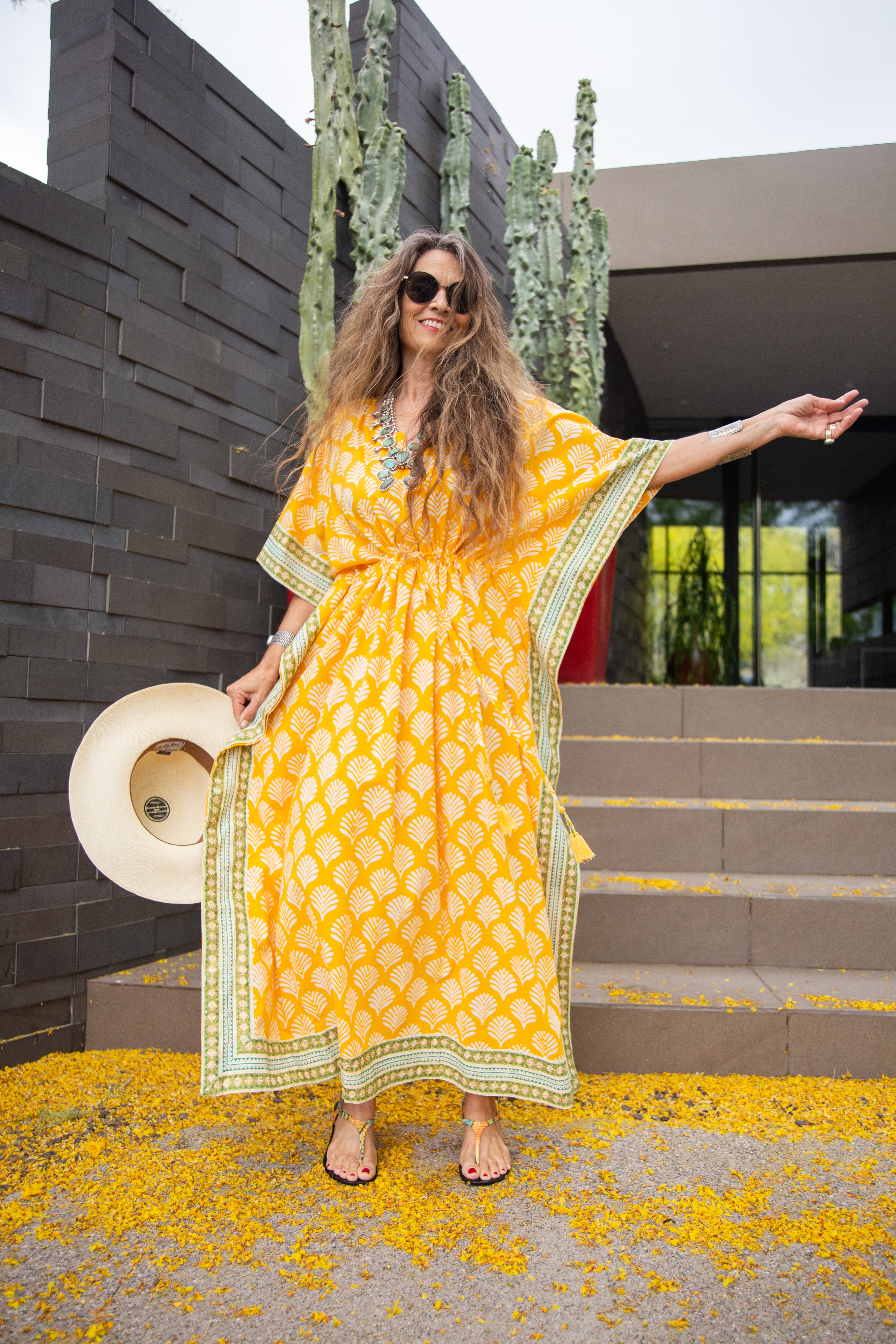 Leaf Green & Yellow Silk Organza Thread Embroidered Kaftan Dress Design by  Chambray & Co. at Pernia's Pop Up Shop 2024