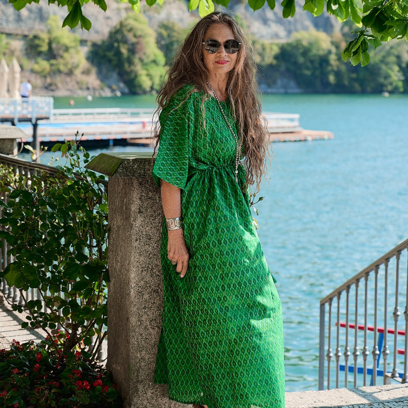 Costa Smeralda Emerald Maxi Dress Silk Cotton Handwoven Ikat