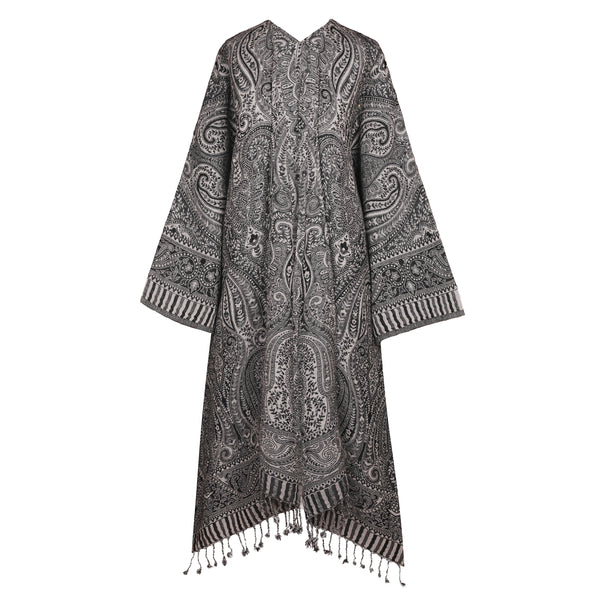 Piccadilly Paisley Black and Grey Kimono Coat Boiled Wool