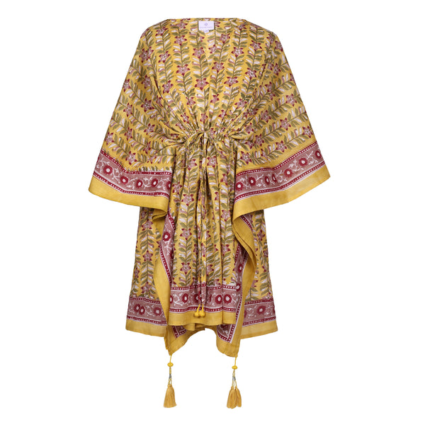 yellow floral short cotton kaftan