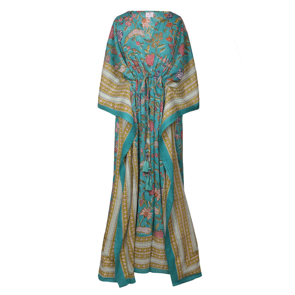 teal block printed floral maxi kaftan dress by pax philomena with intricate border and adjustable drawstring waist with intricate tassels