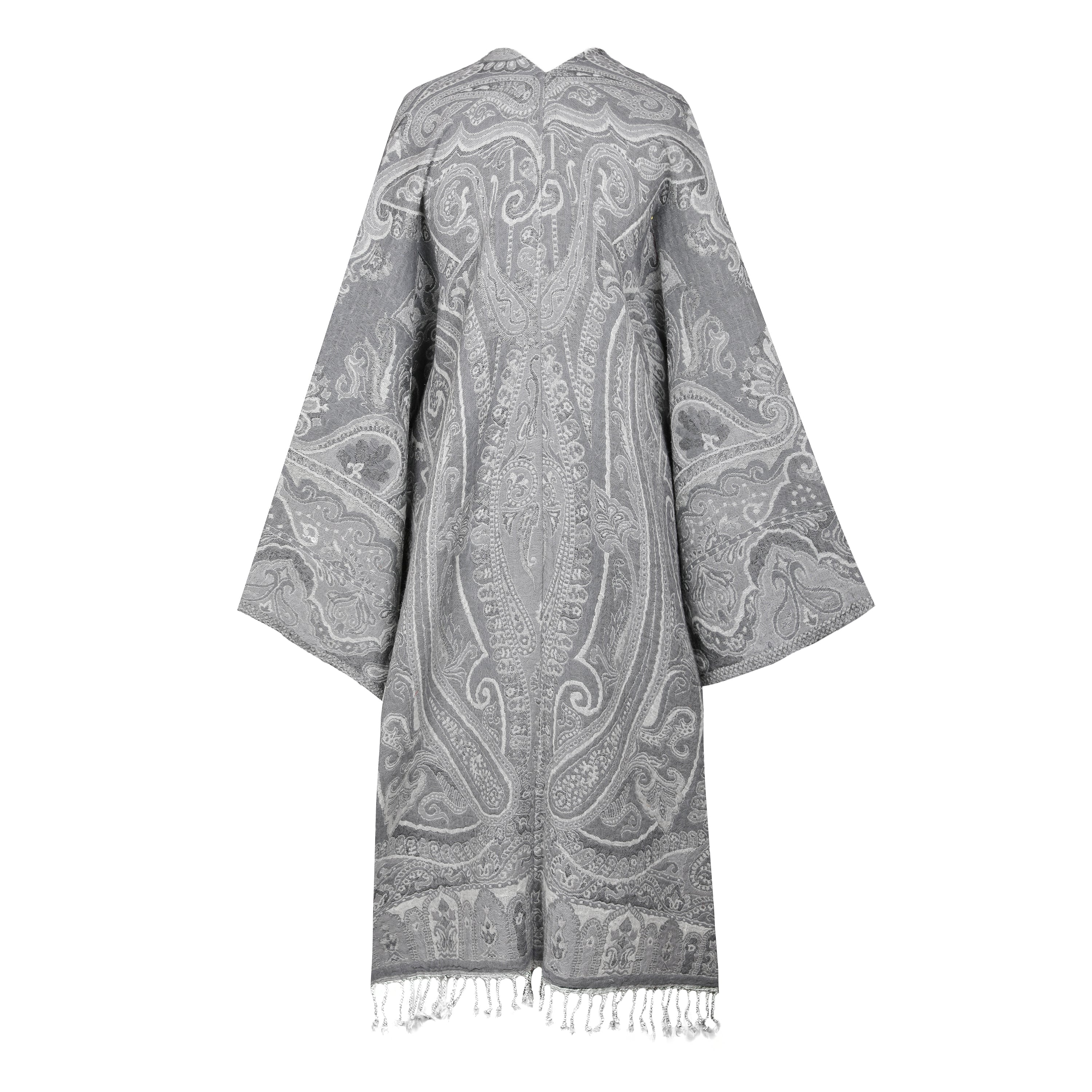 Pearl Grey Paisley Boiled Wool Kimono Coat Reversible