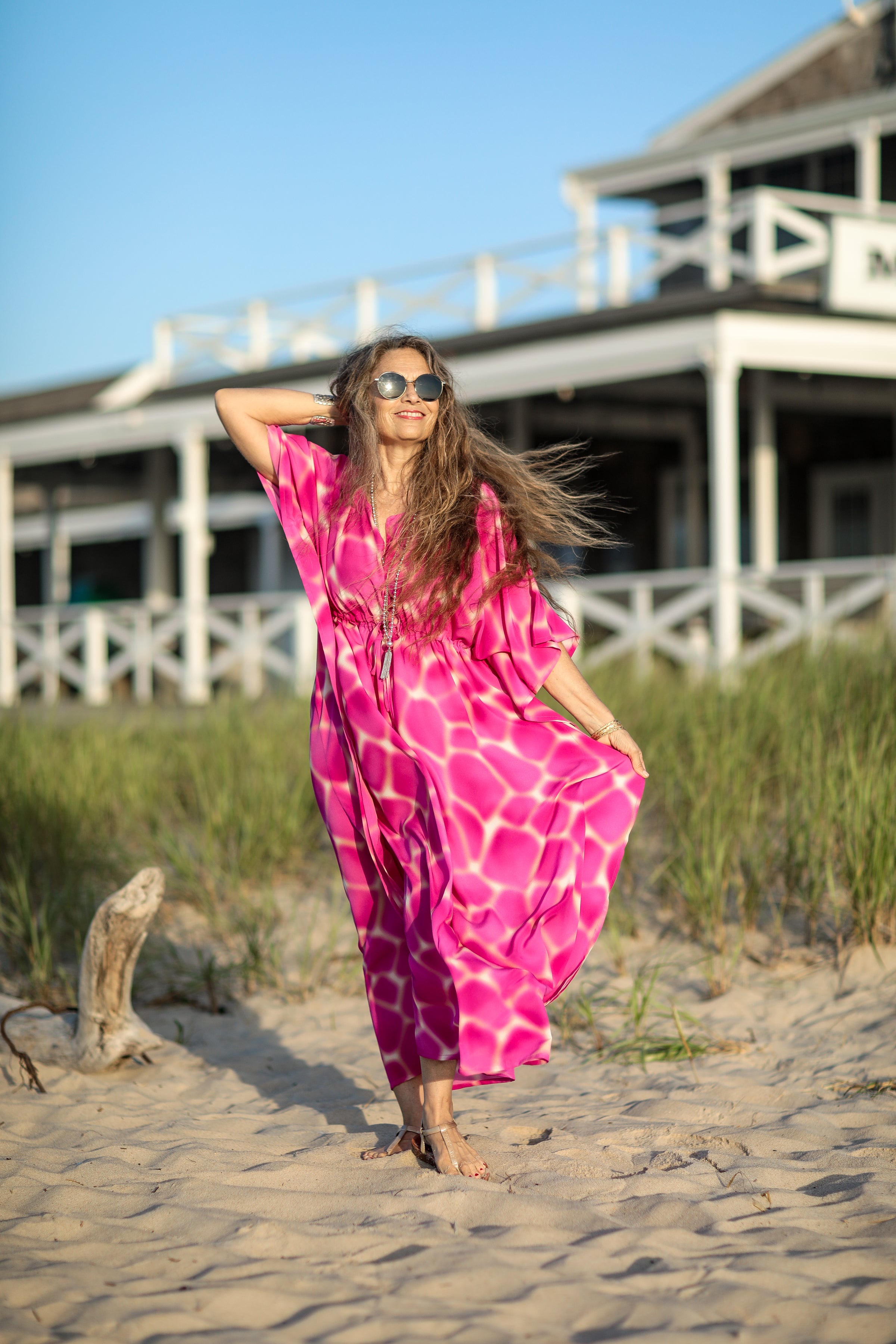 Zirafa Giraffa Magenta Italian Silk Maxi Kaftan On Back Order 2-4 weeks